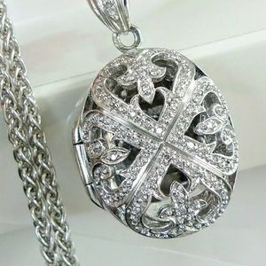 Vtg. Natural Diamond Sterling Sil. Locket Necklace